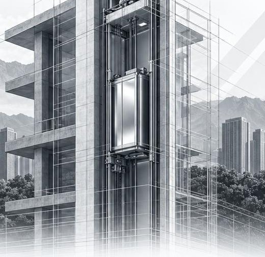 Corte de un edificio mostrando el ducto y la cabina de un ascensor