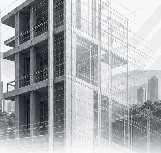 Render de un edificio de concreto armado con líneas de modelo estructural