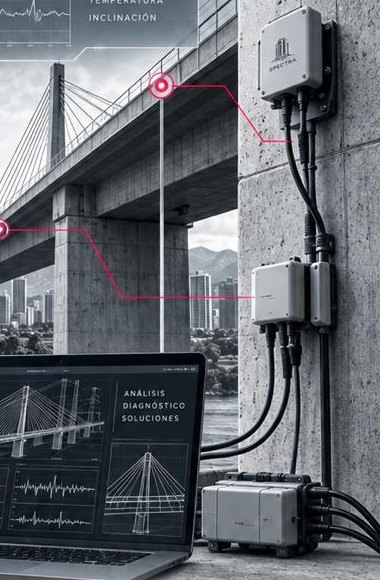 Sensores instalados en un puente atirantado y registros de vibración en un computador portátil