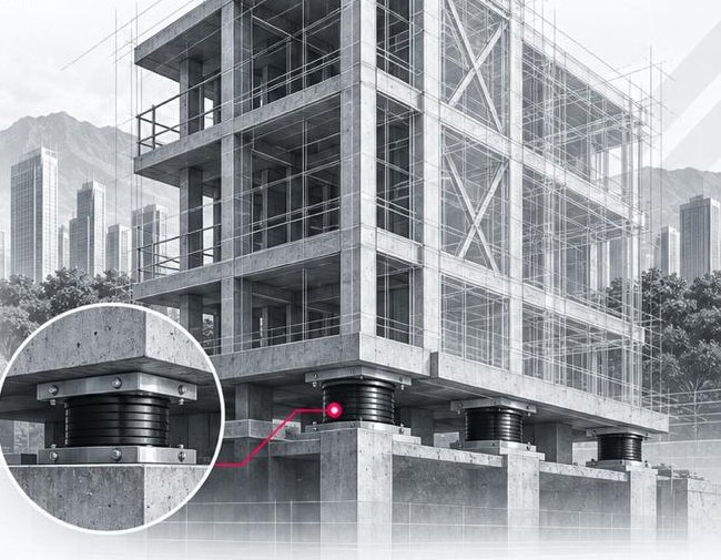 Edificio sobre aisladores sísmicos elastoméricos en su base